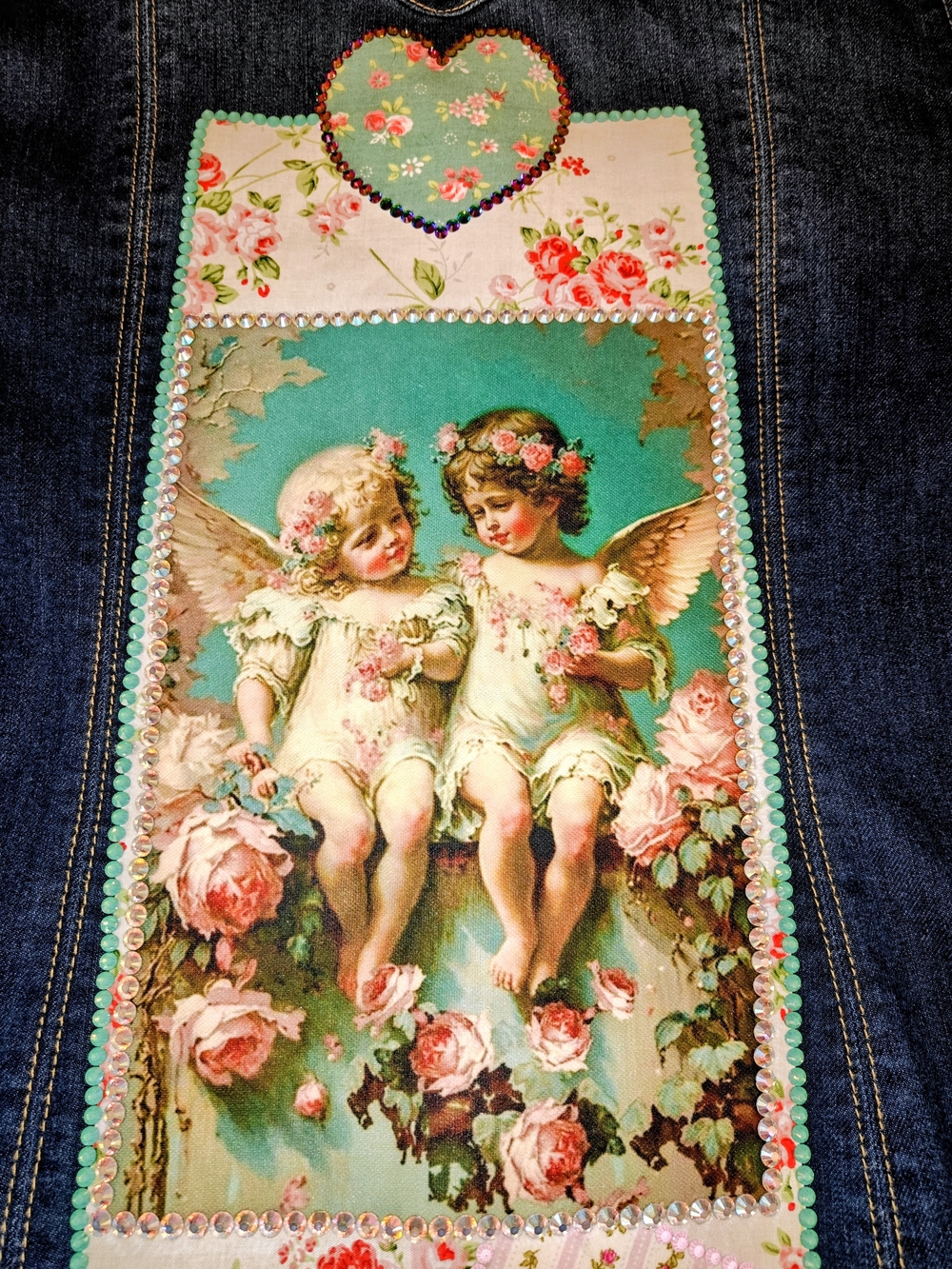 Upcycled Denim INC Macy's Trench with Flowers Cherubs Real Rhinestones 14